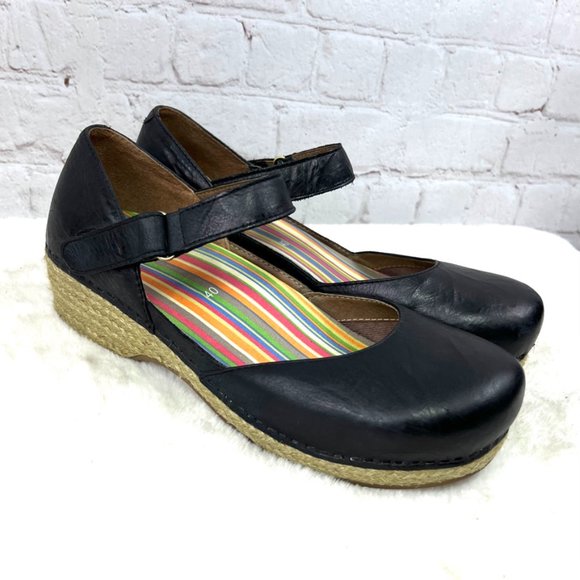 |•DANSKO•| Black Leather Velcro Cross Strap Braided Platform Sole Clogs